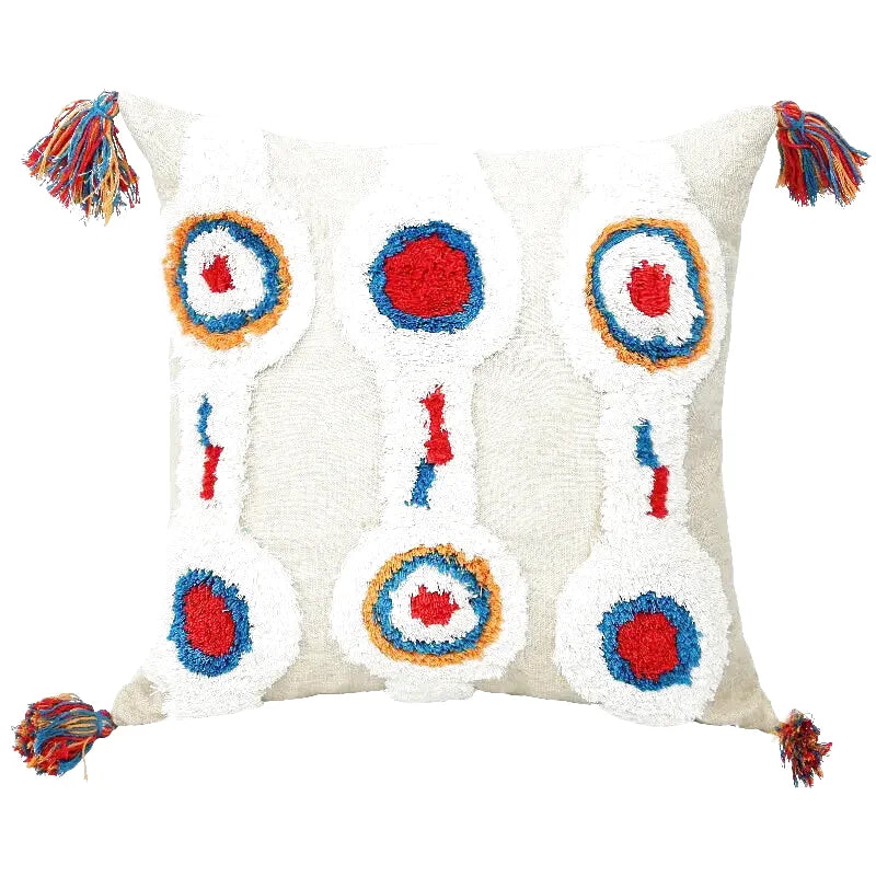 Housse de Coussin Motif Berbère Brodé Multicolore avec Pompon