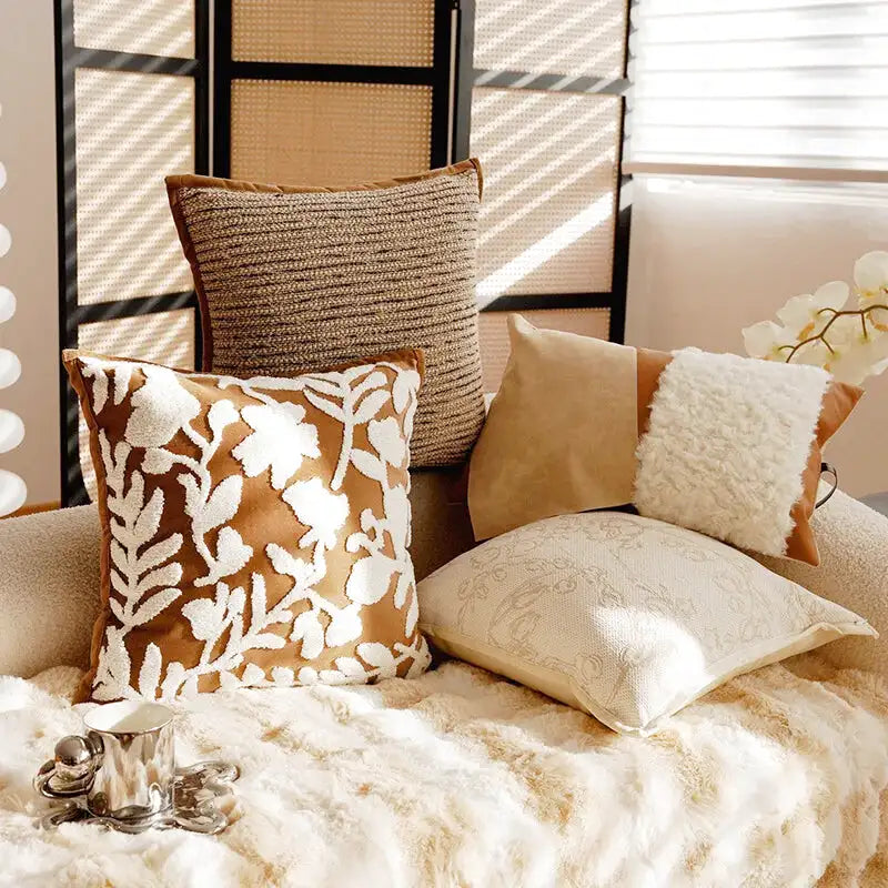 Housse de Coussin Motif Floral Beige & Marron