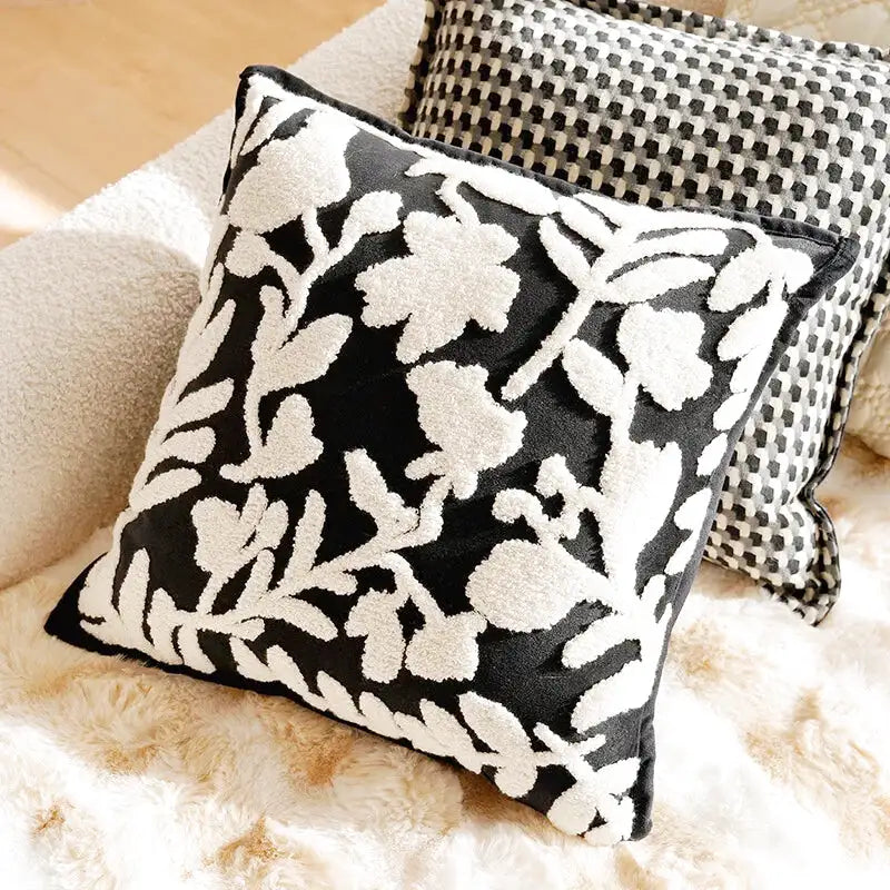 Housse de Coussin Motif Floral Brodé Blanc & Noir