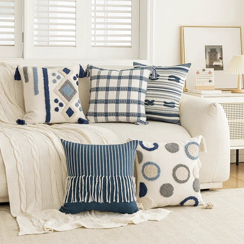 Housse de Coussin Brodé Berbère Bleu, Blanc & Gris