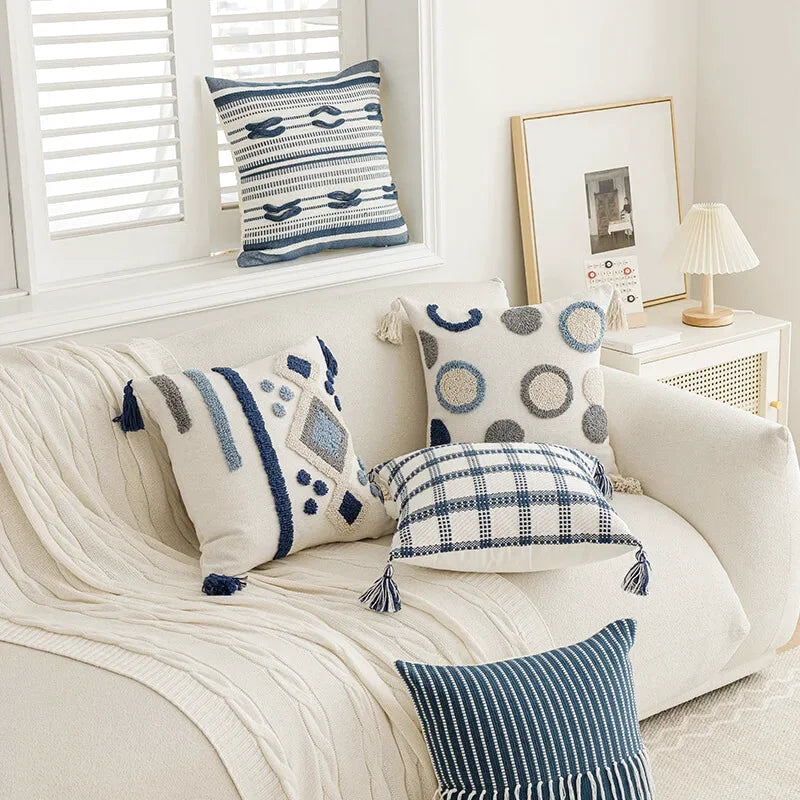 Housse de Coussin Brodé Berbère Bleu, Blanc & Gris