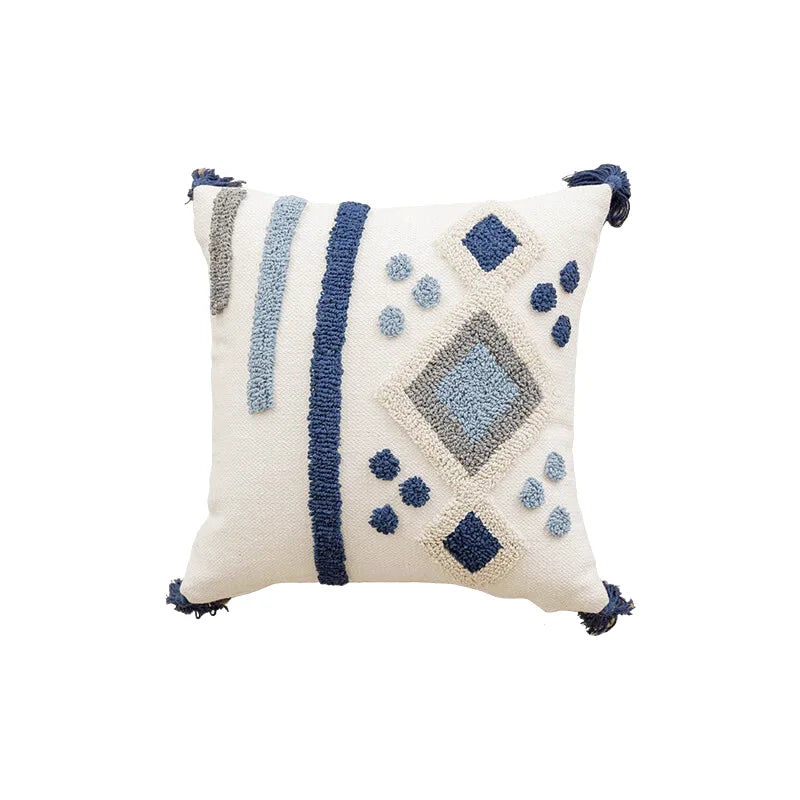 Housse de Coussin Brodé Berbère Bleu, Blanc & Gris