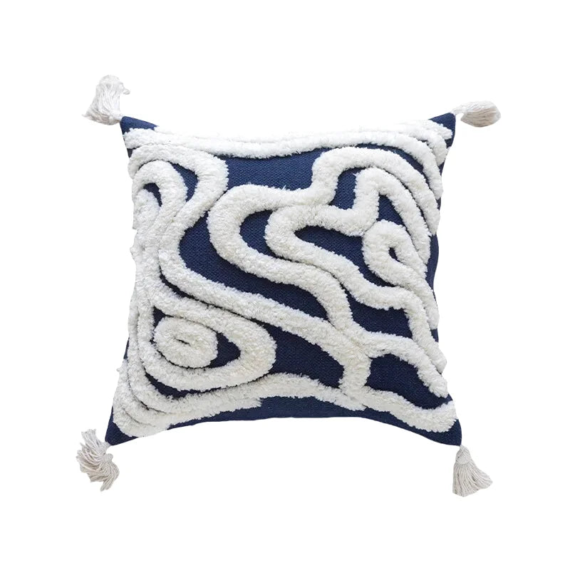 Housse de Coussin Brodé Lignes Courbes Brodées Bleu & Blanc