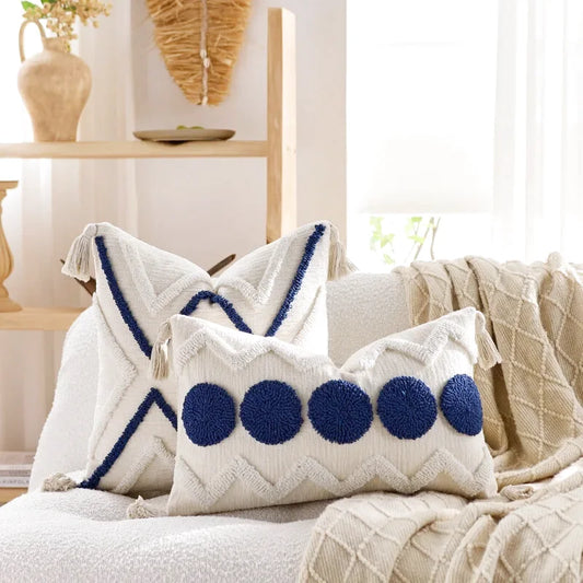 Housse de Coussin Brodé Styla Berbère Bleu & Blanc