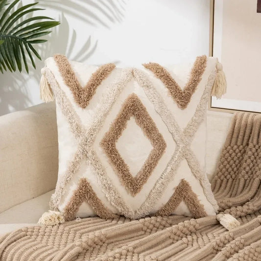 Housse de Coussin Brodé Style Berbère Beige & Blanc