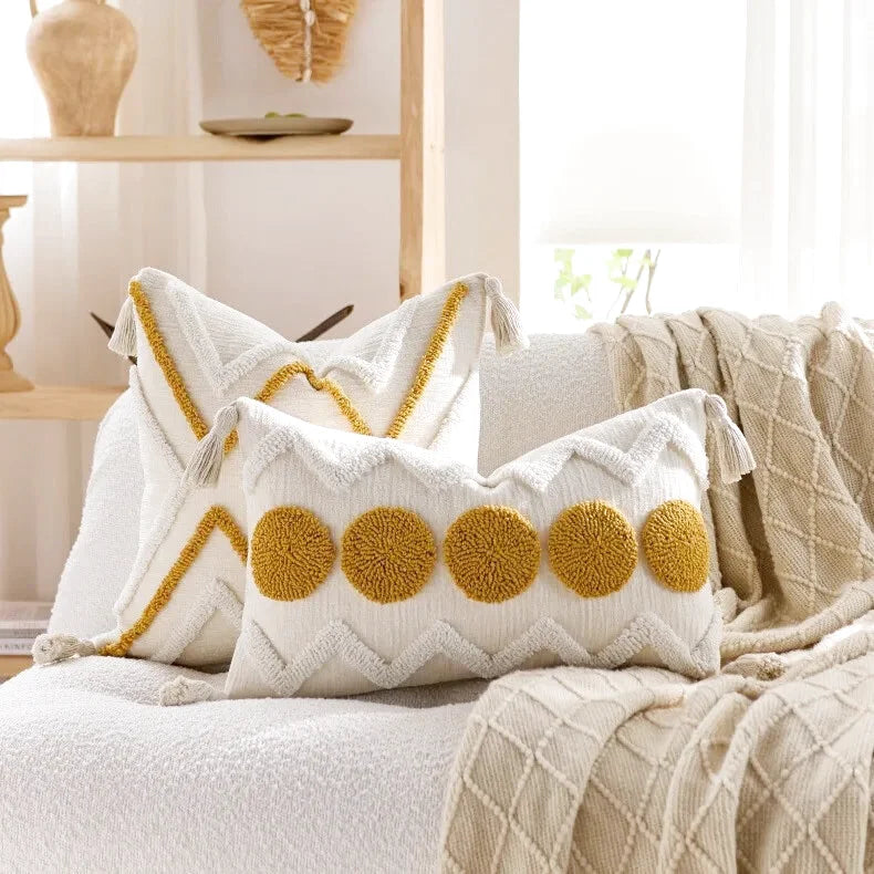 Housse de Coussin Brodé Style Berbère Jaune & Blanc