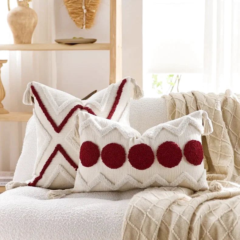Housse de Coussin Brodé Style Berbère Rouge & Blanc