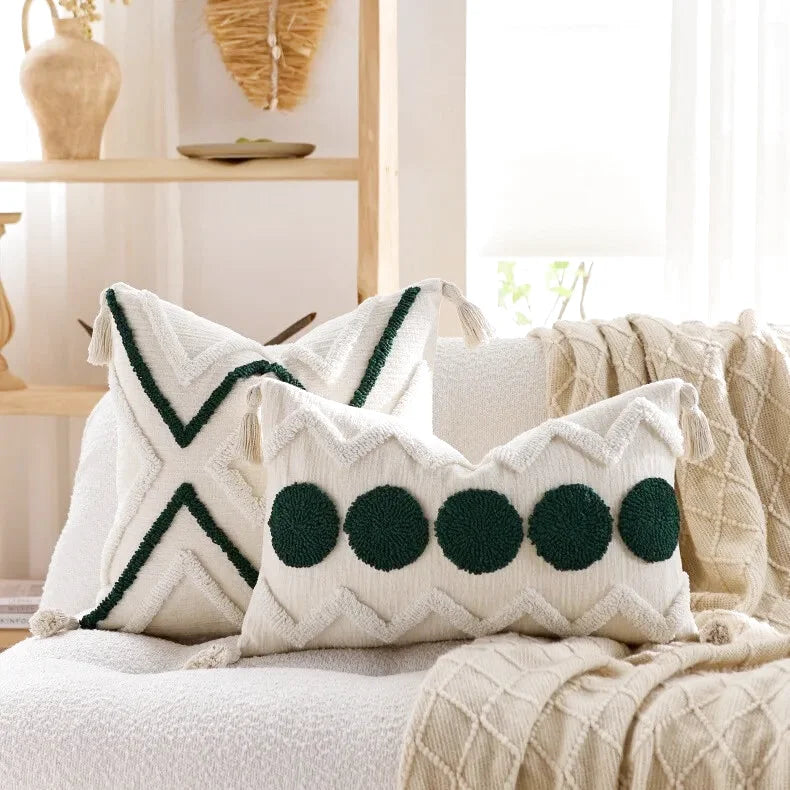 Housse de Coussin Brodé Style Berbère Vert & Blanc