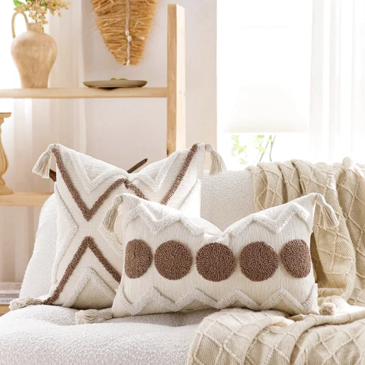 Housse de Coussin Brodé Style Bohème Marron & Blanc