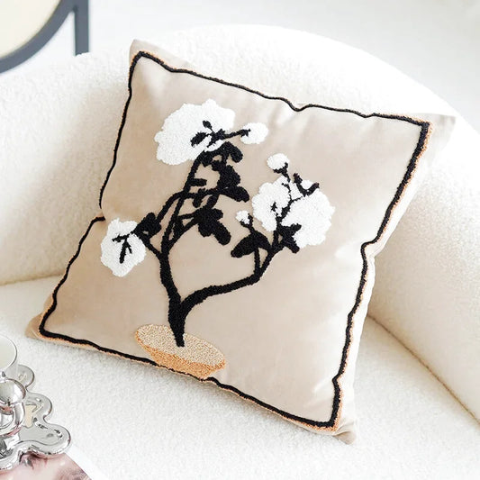 Housse de Coussin Fleurs de Coton Brodées Beige