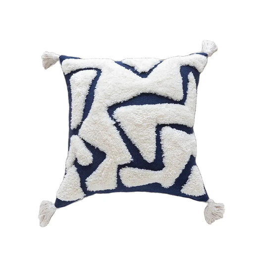 Housse de Coussin Forme Graphique Brodé Blanc & Bleu