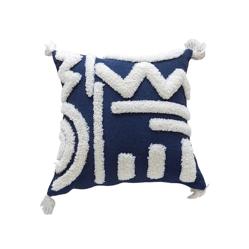 Housse de Coussin Forme Organique Brodé Bleu & Blanc