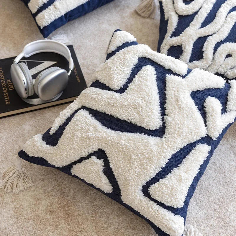 Housse de Coussin Graphique Arrondi Bleu & Blanc