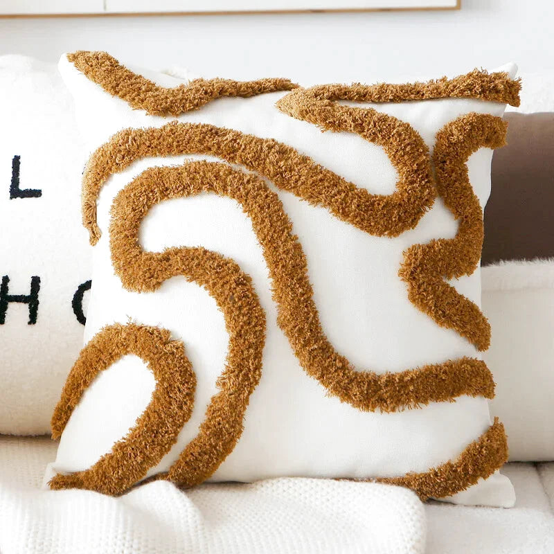 Housse de Coussin Graphique Brodé Marron & Beige