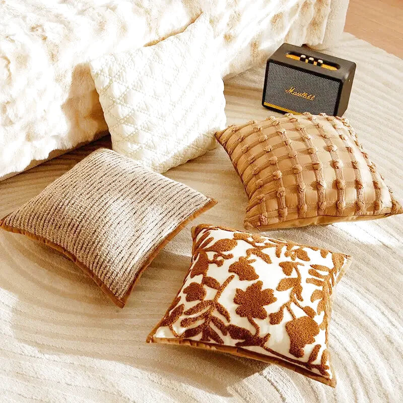 Housse de Coussin Jacquard Beige Luxueux