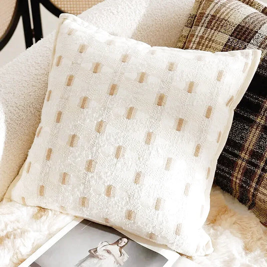 Housse de Coussin Jacquard Blanc et Rectangles Beiges