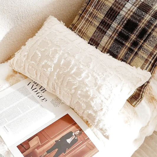 Housse de Coussin Luxe Blanc Brodé Quadrillage