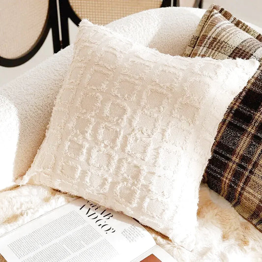 Housse de Coussin Luxe Blanc Brodé Quadrillage