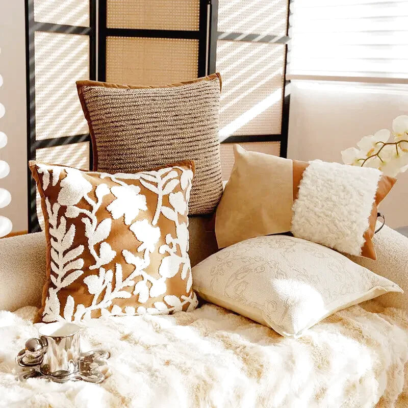 Housse de Coussin Luxe Blanc Brodé Quadrillage