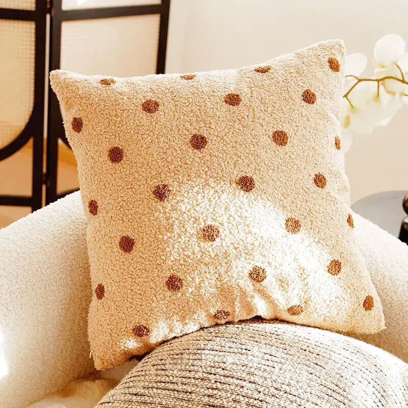 Housse de Coussin Moelleux Beige à Pois Marrons