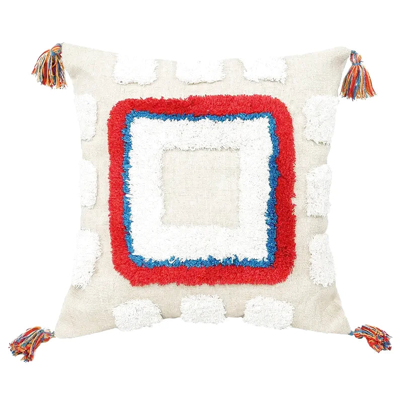 Housse de Coussin Motif Berbère Brodé Bleu, Blanc & Rouge avec Pompon