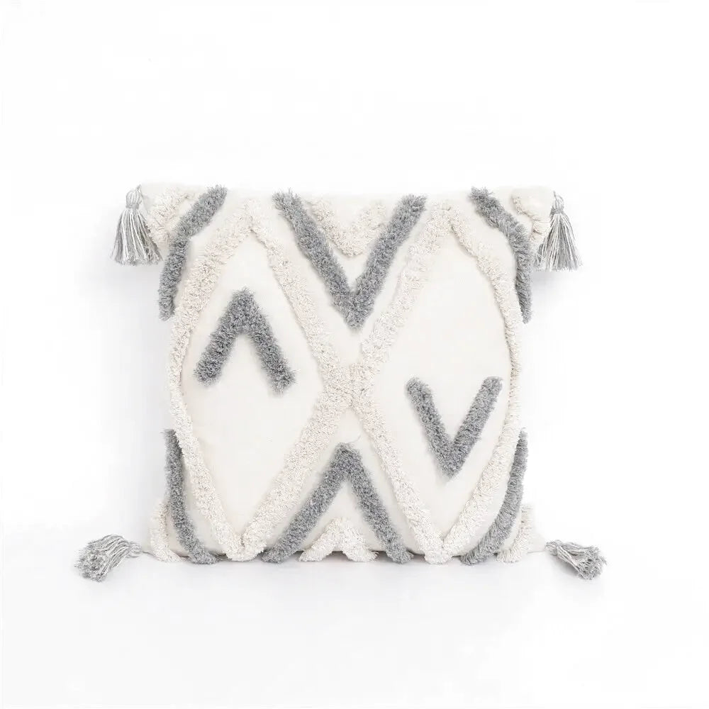 Housse de Coussin Motif Berbère Brodé Gris & Beige