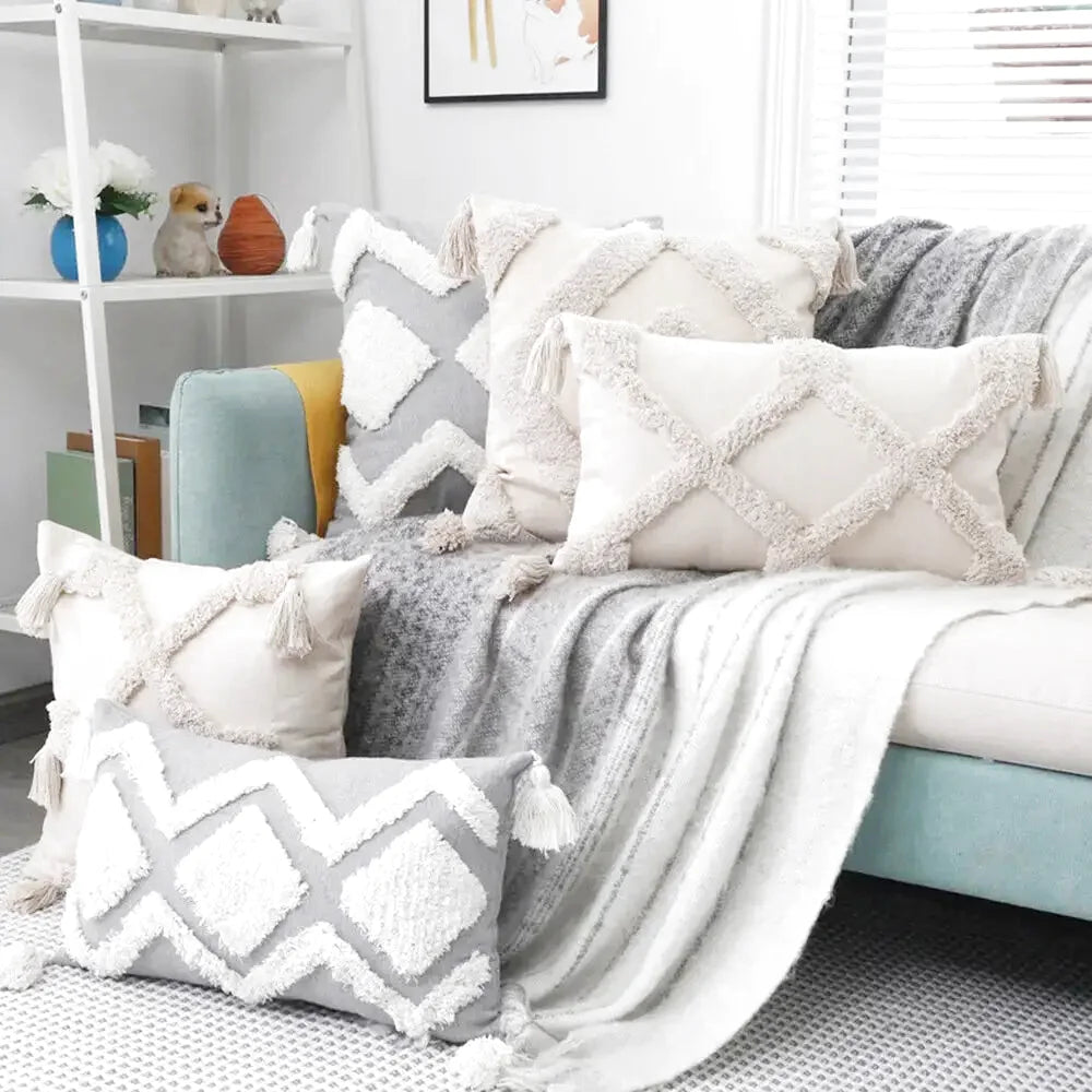 Housse de Coussin Motif Berbère Brodé Gris & Beige