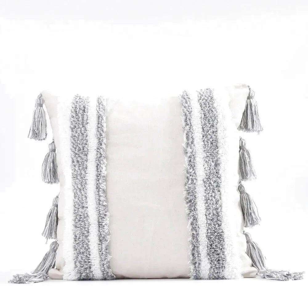 Housse de Coussin Motif Berbère Brodé Gris & Beige