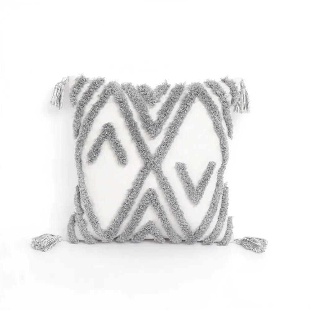 Housse de Coussin Motif Berbère Brodé Gris & Beige