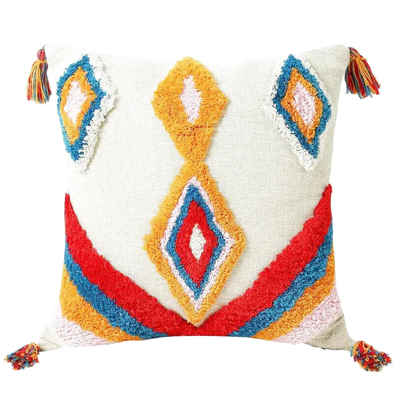 Housse de Coussin Motif Berbère multicolore Brodé avec Pompon
