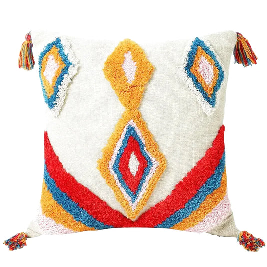 Housse de Coussin Motif Berbère multicolore Brodé avec Pompon