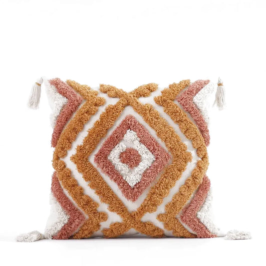Housse de Coussin Motif Berbère Terracotta et Ocre Brodé avec Pompon