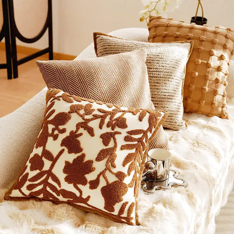Housse de Coussin Motif Floral Beige & Marron