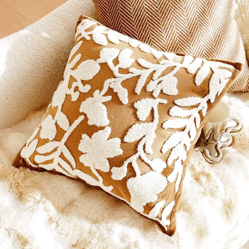 Housse de Coussin Motif Floral Beige & Marron