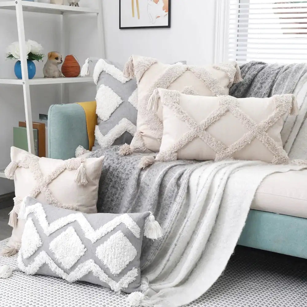 Housse de Coussin Brodé Beige & Gris