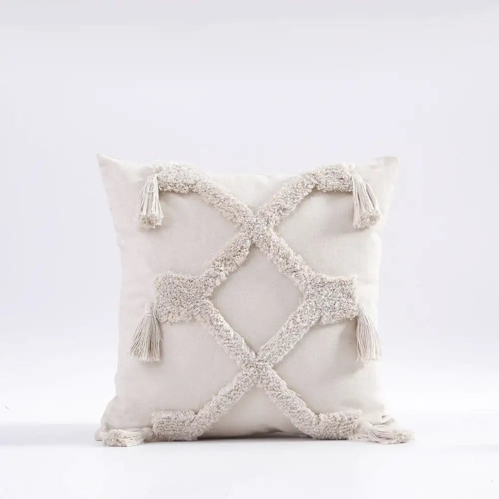 Housse de Coussin Brodé Beige & Gris