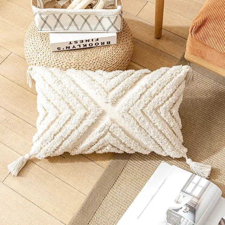 Housse de Coussin Brodé Beige & Gris