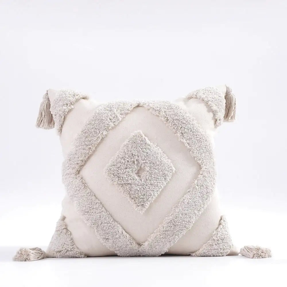 Housse de Coussin Brodé Beige & Gris