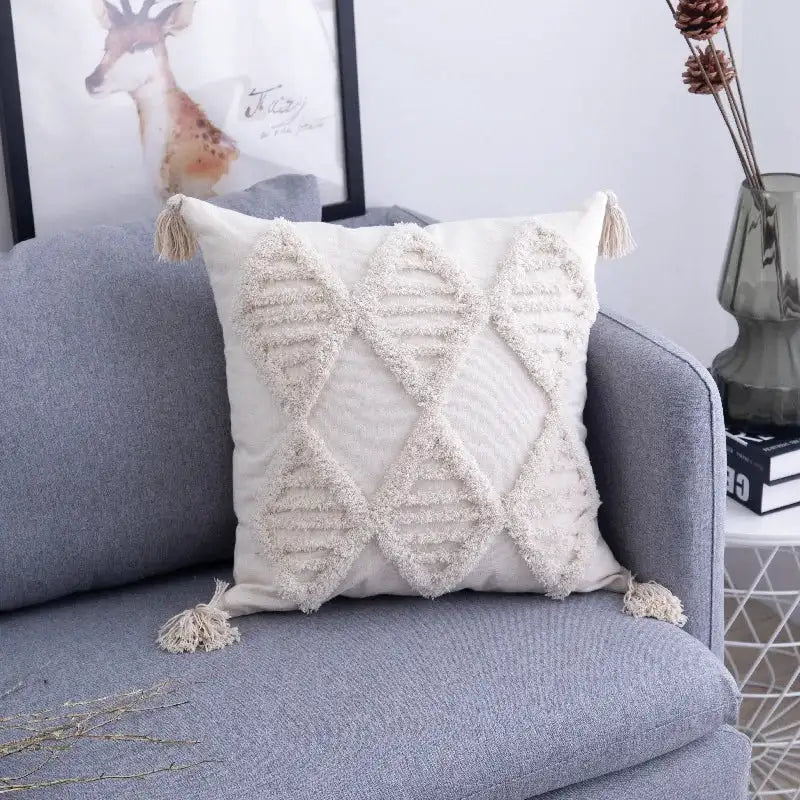 Housse de Coussin Brodé Beige & Gris