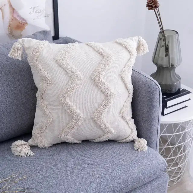Housse de Coussin Brodé Beige & Gris
