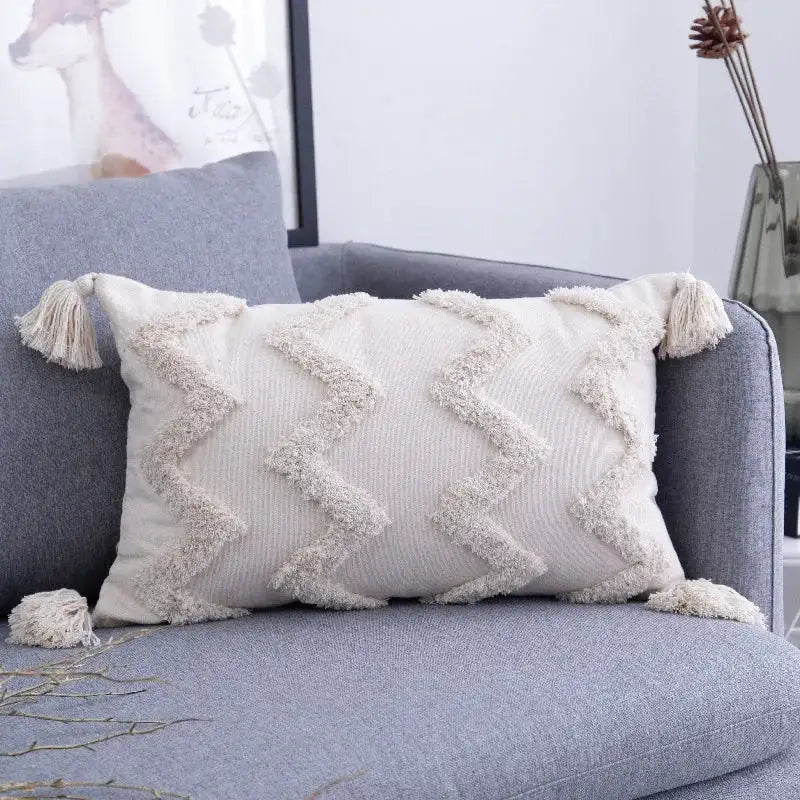 Housse de Coussin Brodé Beige & Gris