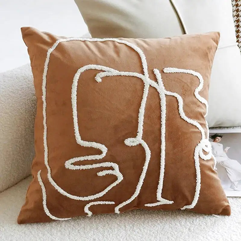 Housse de Coussin Visage Brodé Marron & Beige