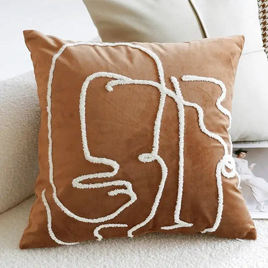 Housse de Coussin Visage Brodé Marron & Beige